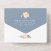 Dusty Blue Chic Blush Gold Peach Floral Wedding All In One Einladung (Rückseite)