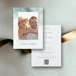 Dusty Blue Chic Modern Wedding QR Foto Rett Date Einladung
