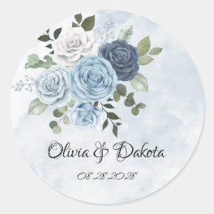 Dusty Blue Chic Watercolor Rustic Florals Wedding Runder Aufkleber