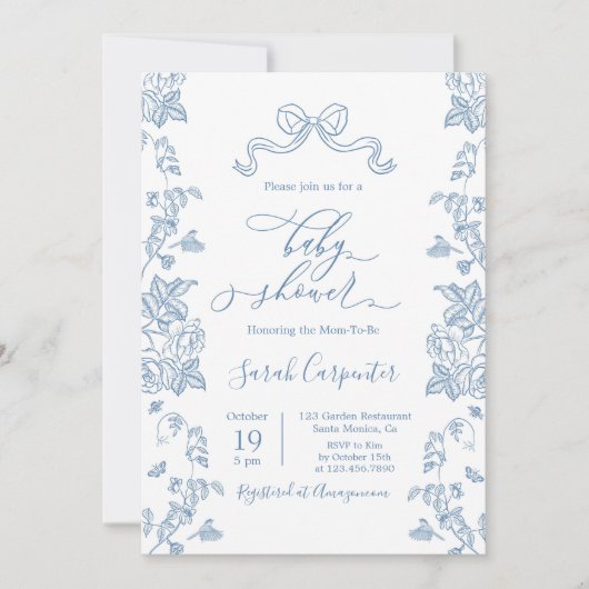 Dusty Blue Chinoiserie Baby Shower Boy Einladung (Vorderseite)