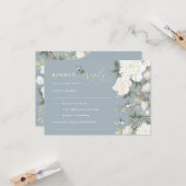 Dusty Blue Chinoiserie Bird Peony Wedding RSVP Karte (Vorderseite/Rückseite Beispiel)