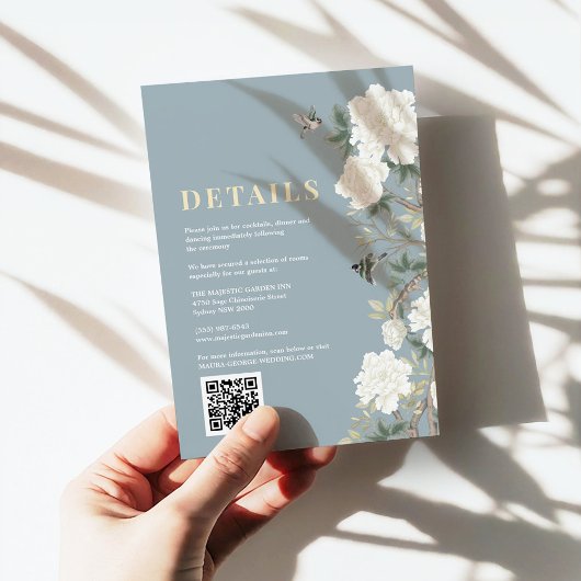 Dusty Blue Chinoiserie Blume Hochzeiten Details Begleitkarte