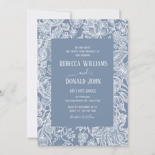 Dusty Blue Chinoiserie Blumenstrauß Einladung (Vorderseite)