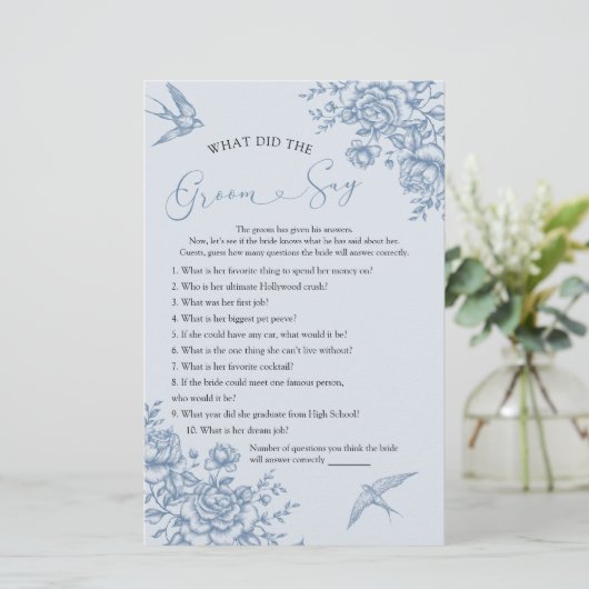 Dusty Blue Chinoiserie Bridal Was Groom sagt (Stehend Vorderseite)