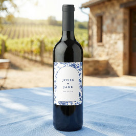 Dusty Blue Chinoiserie Floral Custom Wedding Weinetikett