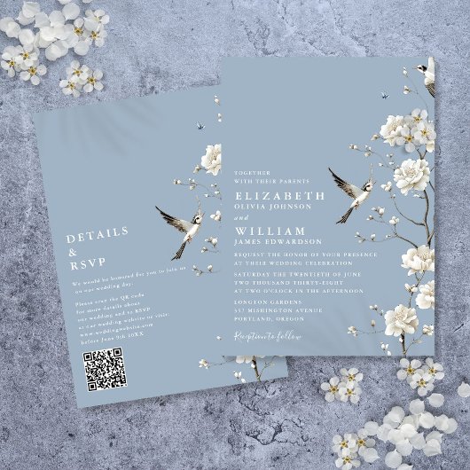 Dusty Blue Chinoiserie Floral QR Code Wedding Einladung