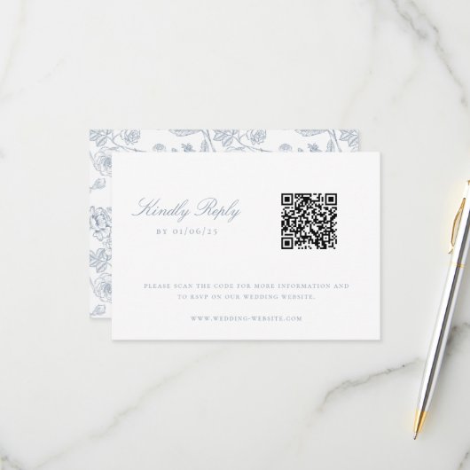 Dusty Blue Chinoiserie Floral Wedding QR Code RSVP Karte (Vorderseite/Rückseite Beispiel)