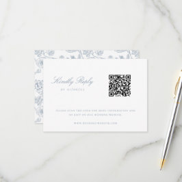 Dusty Blue Chinoiserie Floral Wedding QR Code RSVP Karte