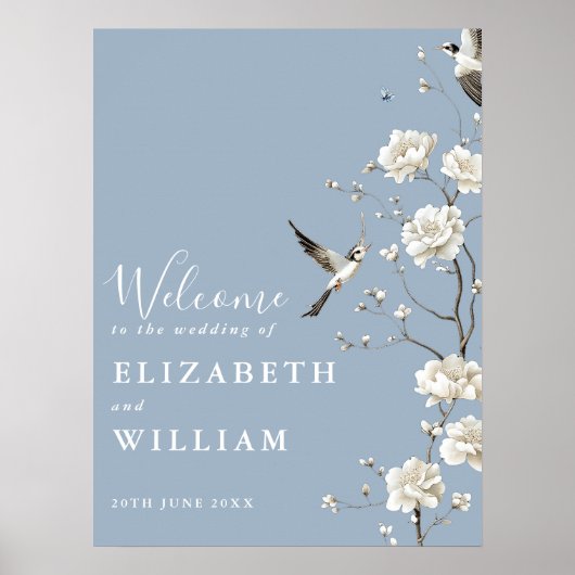 Dusty Blue Chinoiserie Floral Wedding Welcome Sign Poster (Vorne)