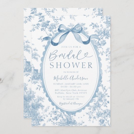 Dusty Blue Chinoiserie French Toile Bridal Shower Einladung (Vorne/Hinten)