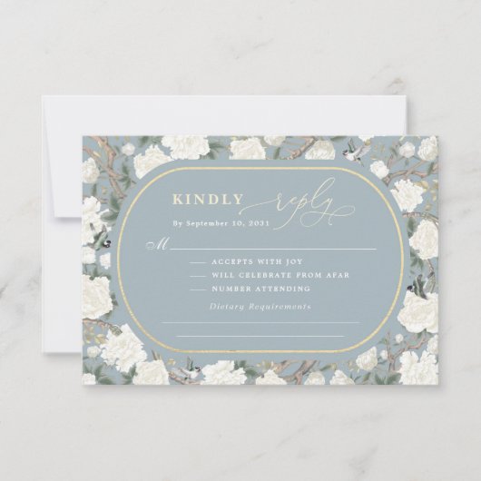 Dusty Blue Chinoiserie Ivory Blume Wedding RSVP Karte (Vorderseite)