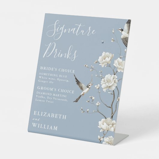 Dusty Blue Chinoiserie Signature Drinks Hochzeit Sockelschild (Vorderseite)