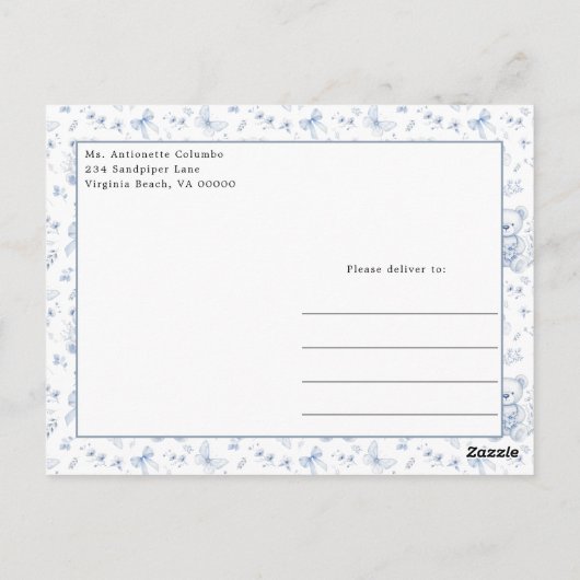 Dusty Blue Chinoiserie Teddy Bear und Bows Baby Postkarte (Rückseite)