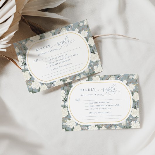 Dusty Blue Chinoiserie White Floral Wedding RSVP Karte