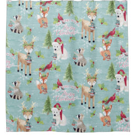 Dusty Blue Christmas Woodland Animals Deer Bär Duschvorhang