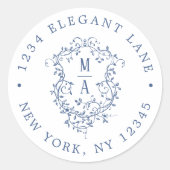 Dusty Blue Classic Floral Crest Return Address Runder Aufkleber (Vorderseite)