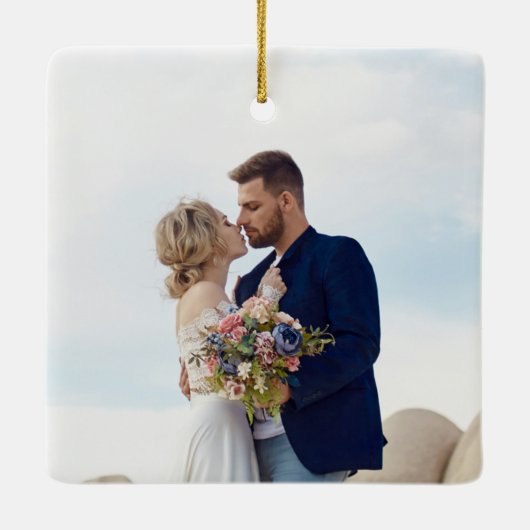 Dusty Blue Classic Floral Crest Wedding Photo  Keramikornament (Rückseite)