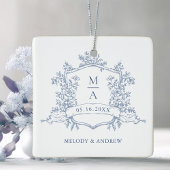Dusty Blue Classic Floral Crest Wedding Photo  Keramikornament