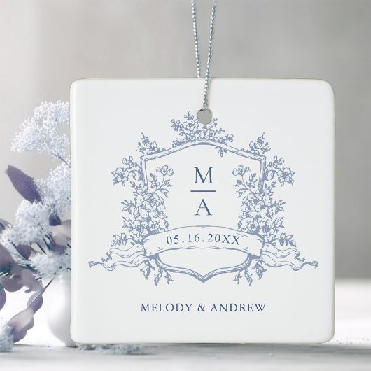 Dusty Blue Classic Floral Crest Wedding Photo  Keramikornament