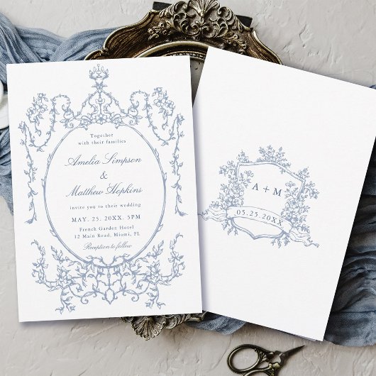 Dusty Blue Classic Floral Frame Wedding Einladung