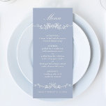 Dusty Blue Classic Französisch Floral Border Menükarte<br><div class="desc">Elegantes dustiges blühendes Hochzeitsmenü mit Blumenmotiven und Wappen auf der Rückseite. Für eine weiter gehende Anpassung dieses Designs klicken Sie bitte auf die Schaltfläche "DESIGN TOOL" oben!</div>