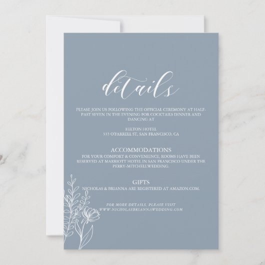 Dusty Blue Classic Minimal Modern Wedding Details Einladung (Vorderseite)