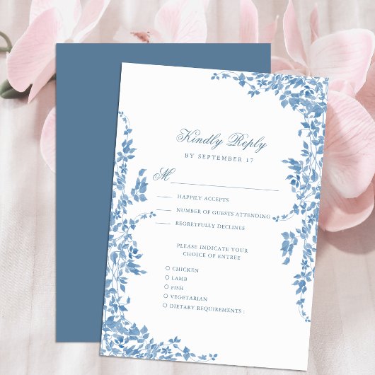 Dusty Blue Classic Vintage Floral Garden Wedding RSVP Karte