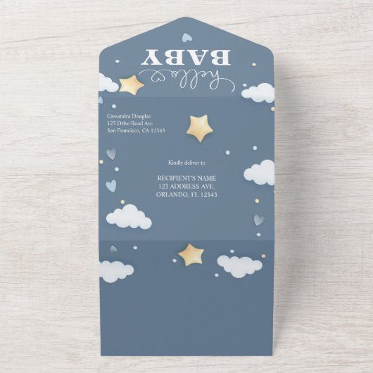 Dusty Blue Clouds Hello Baby Shower All In One Einladung (Außenbereich)