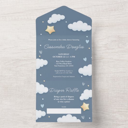Dusty Blue Clouds Hello Baby Shower All In One Einladung (Innen Boden)
