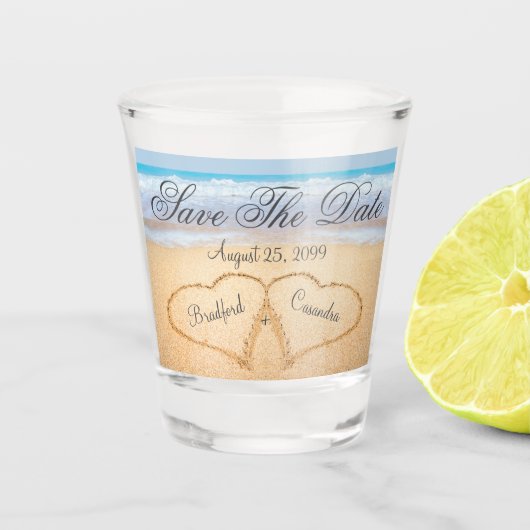 Dusty Blue Coastal Beach Hochzeit Save the Date Schnapsglas (Vorderseite)