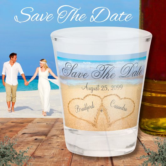Dusty Blue Coastal Beach Hochzeit Save the Date Schnapsglas