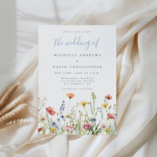 Dusty Blue Colorful Rustic Wildflower Wedding Einladung