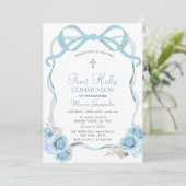Dusty Blue Coquett Ribbon First Holy Communion Einladung (Stehend Vorderseite)