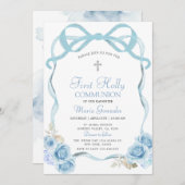 Dusty Blue Coquett Ribbon First Holy Communion Einladung (Vorne/Hinten)