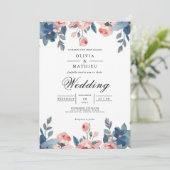 Dusty Blue & Coral Floral Romance Wedding Einladung (Stehend Vorderseite)