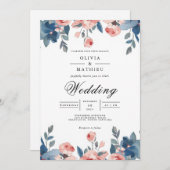 Dusty Blue & Coral Floral Romance Wedding Einladung (Vorne/Hinten)