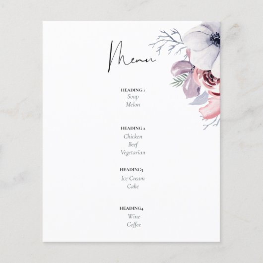 Dusty Blue Coral Floral Script Hochzeitsmenü Budge (Vorderseite)