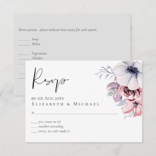 Dusty Blue Coral Floral Script Wedding RSVP Budget (Vorne/Hinten)