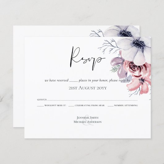 Dusty Blue Coral Floral Script Wedding RSVP Budget (Vorne/Hinten)