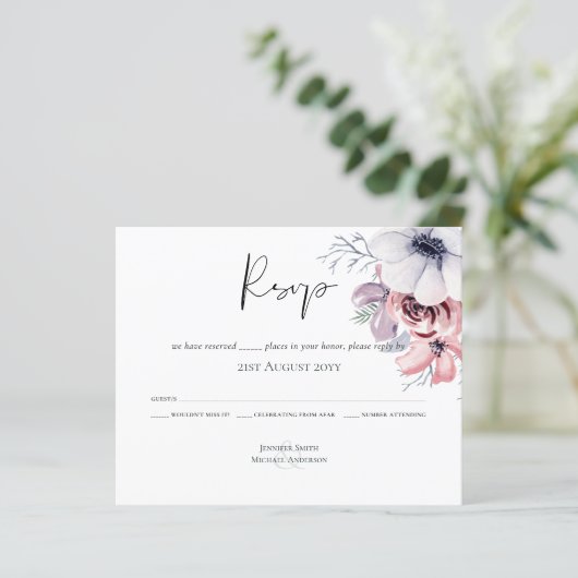 Dusty Blue Coral Floral Script Wedding RSVP Budget (Stehend Vorderseite)