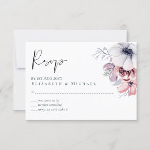 Dusty Blue Coral Floral Script Wedding RSVP Budget Karte
