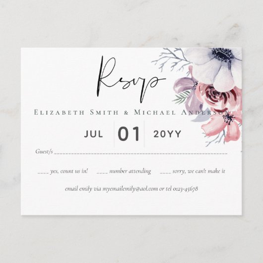 Dusty Blue Coral Floral Script Wedding RSVP Budget Postkarte (Vorderseite)