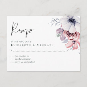 Dusty Blue Coral Floral Script Wedding RSVP Budget Postkarte