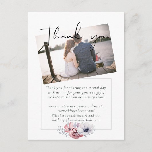 Dusty Blue Coral Floral Script Wedding Vielen Dank Postkarte (Vorderseite)