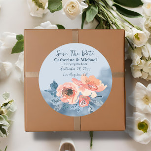 Dusty Blue & Coral Pink Watercolor Floral Wedding Runder Aufkleber