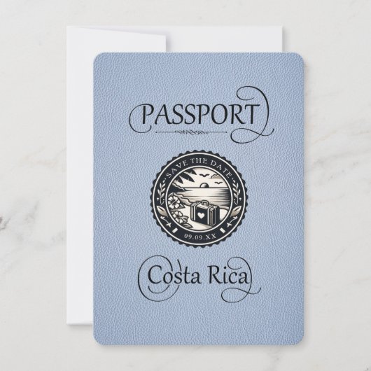 Dusty Blue Costa Rica Passport Save The Date (Vorderseite)