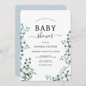 Dusty Blue Cotton Blume botanische Babydusche Einladung (Vorne/Hinten)
