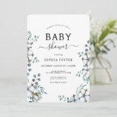 Dusty Blue Cotton Blume botanische Babydusche Einladung (Stehend Vorderseite)