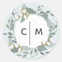 Dusty Blue Cotton Garden Wreath Monogram Wedding Runder Aufkleber