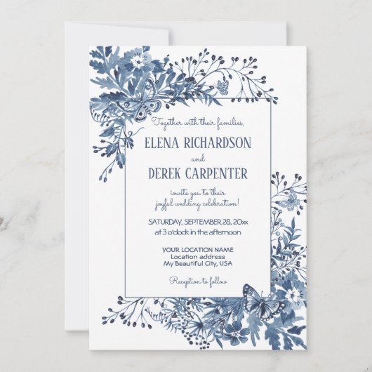 Dusty Blue Country Blume Wasserfarben Hochzeit Einladung (Vorderseite)